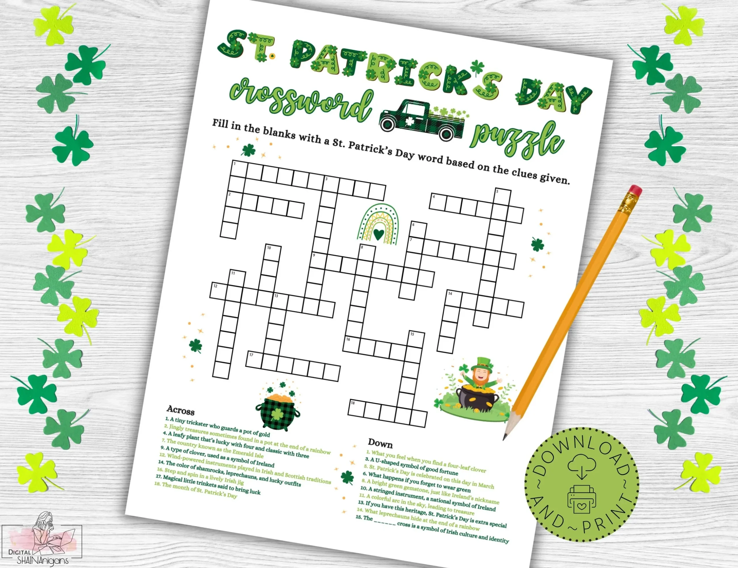 St Patrick s Day Crossword Puzzle Fun Party Game printable PDF Etsy