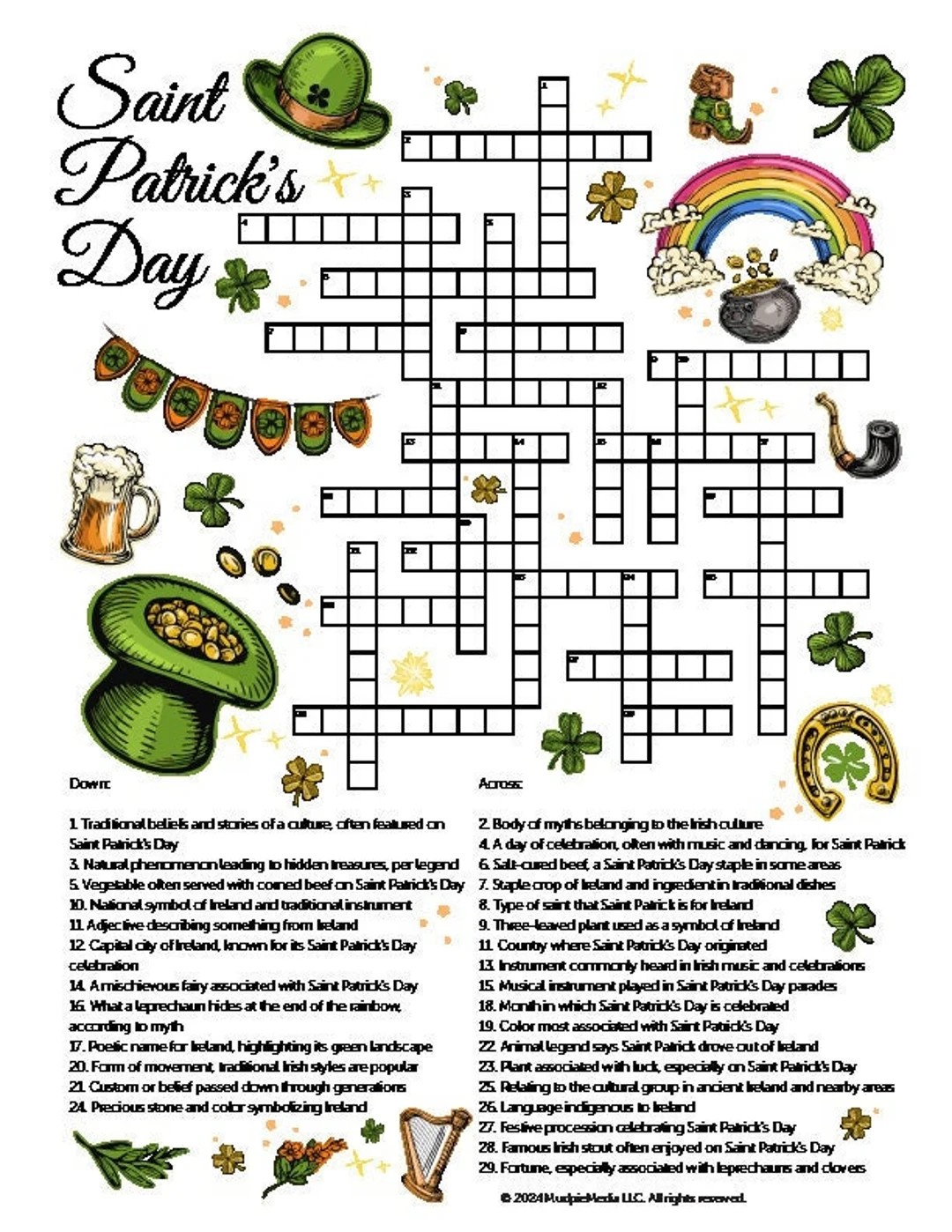 St Patrick s Day Crossword Puzzle Irish Legends Traditions Etsy