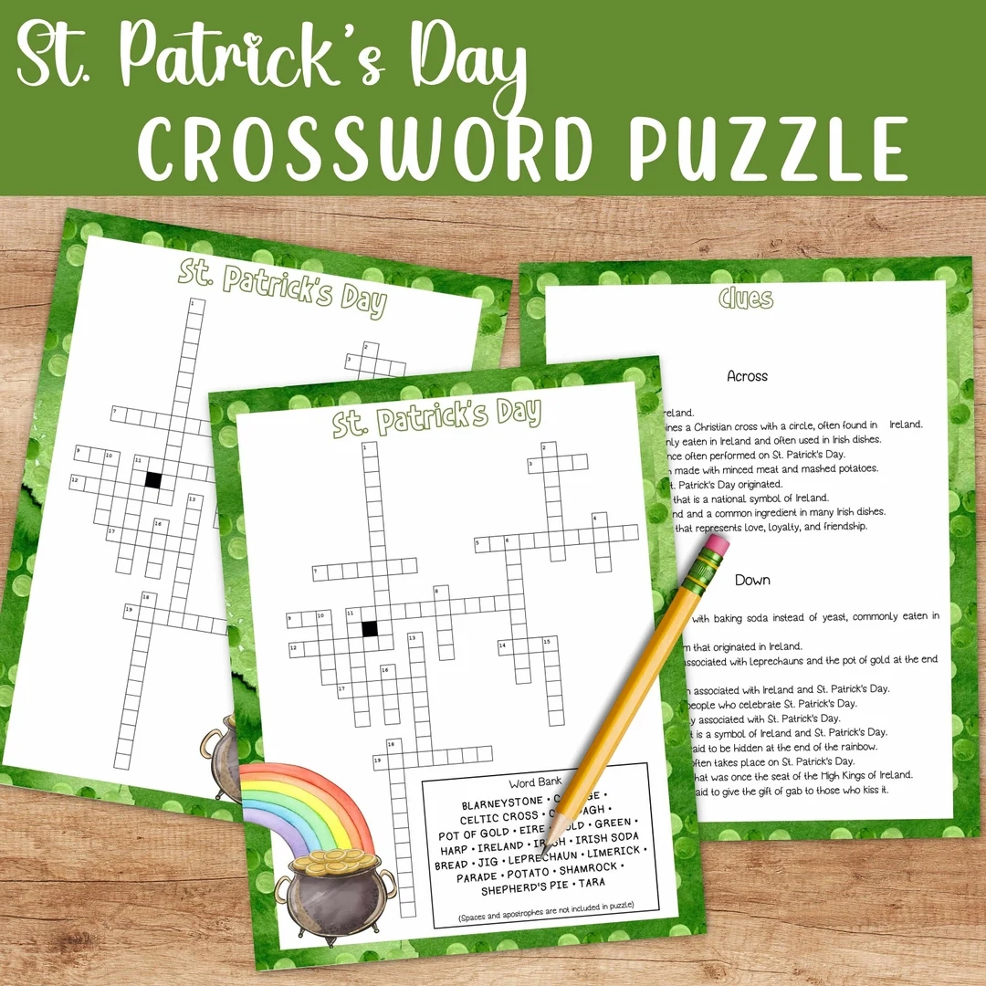 St Patrick s Day Crossword Puzzle Printable Game For Adults Teens And Seniors Includes Solutions Etsy