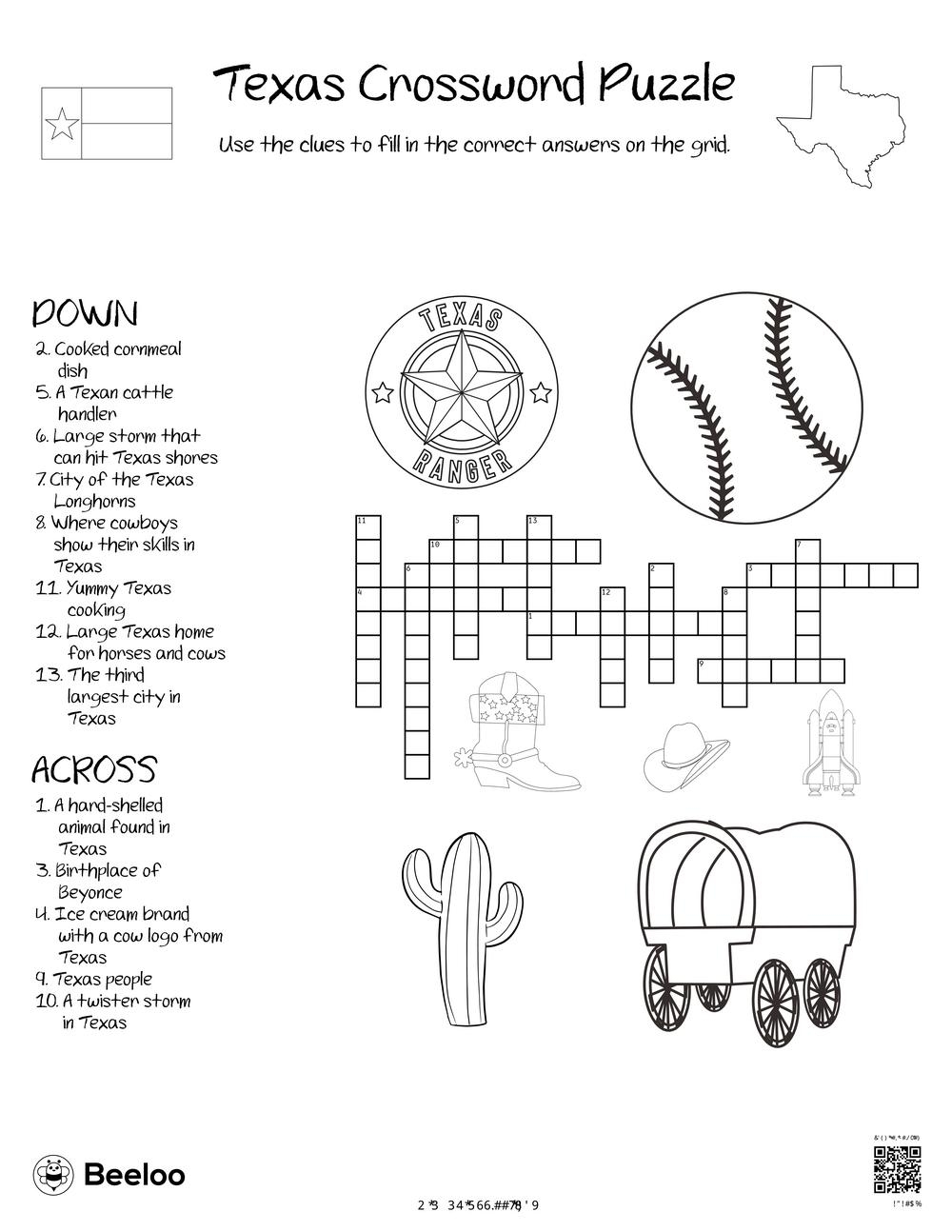 Texas themed Crossword Puzzles Beeloo Printable Crafts And Worksheets Library