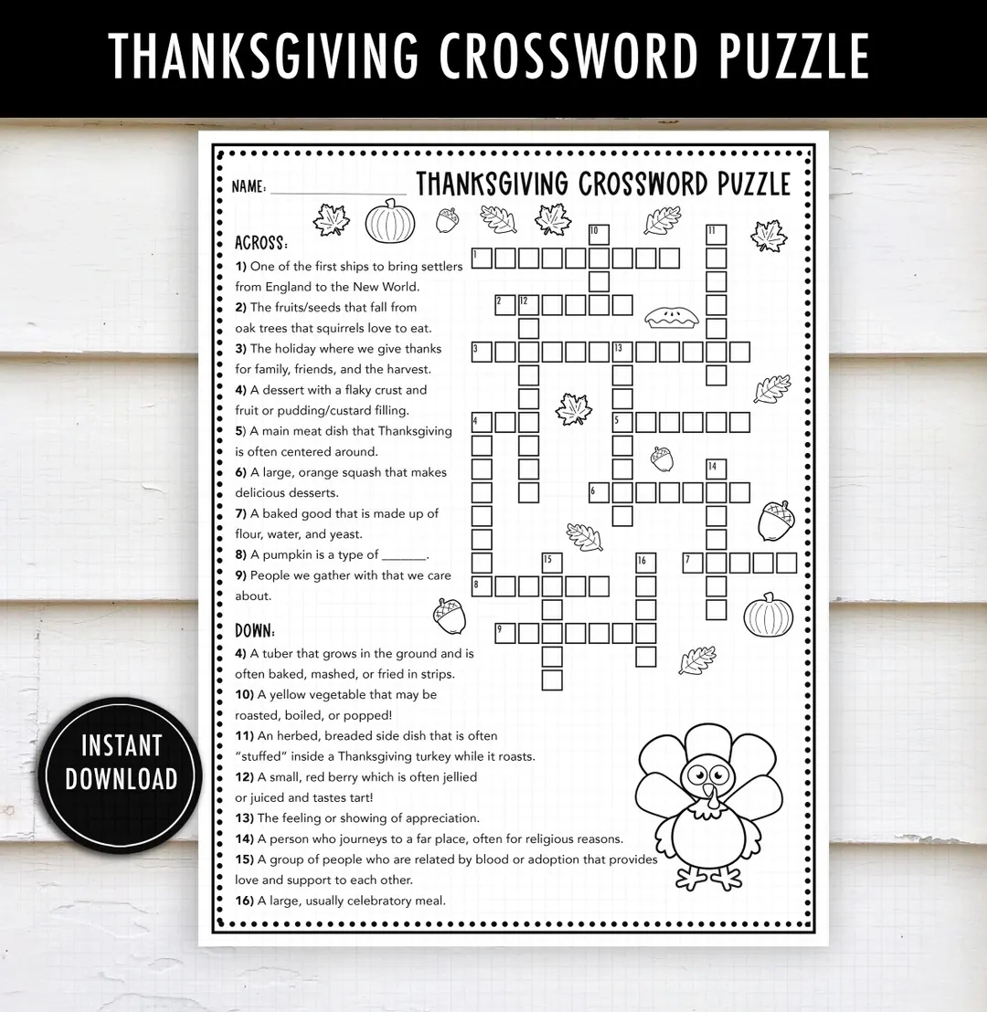 Thanksgiving Crossword Puzzle Printable Kids Thanksgiving Activity Word Puzzle Fall Activity Brain Teaser Etsy