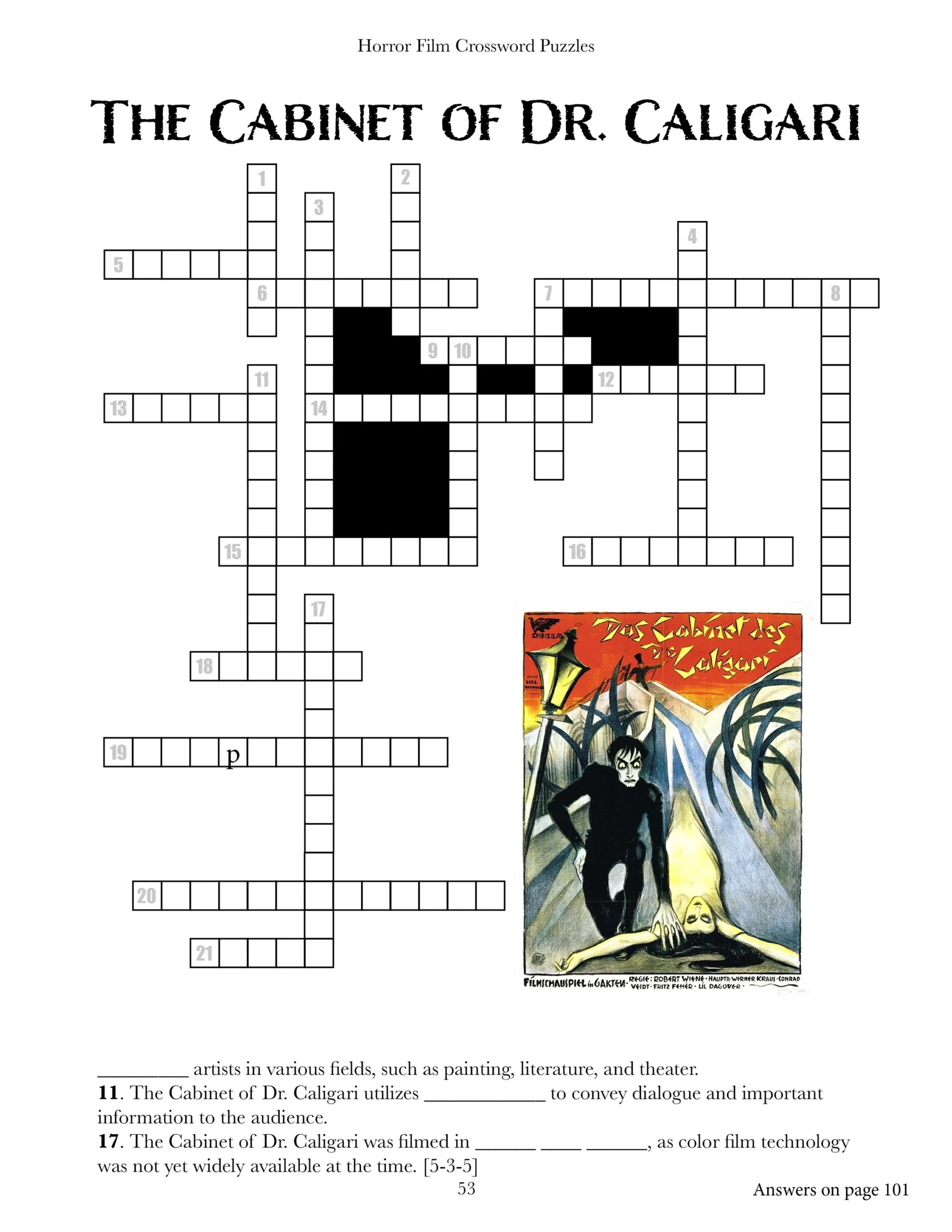 The Cabinet Of Dr Caligari Crossword Puzzle Horror Film Printable Movie Worksheet Instant Download Etsy
