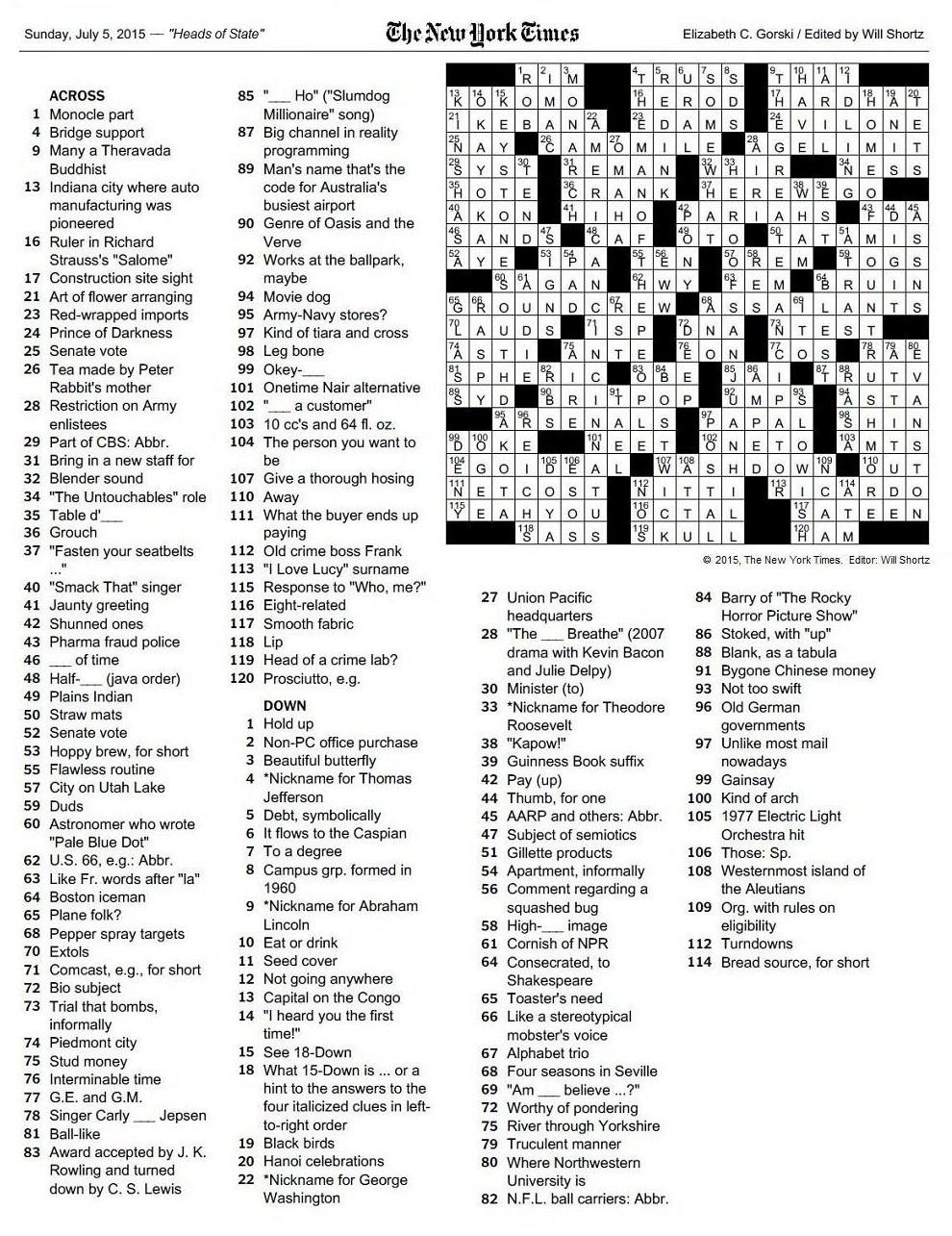 The New York Times Crossword In Gothic 07 05 15 Heads Of State