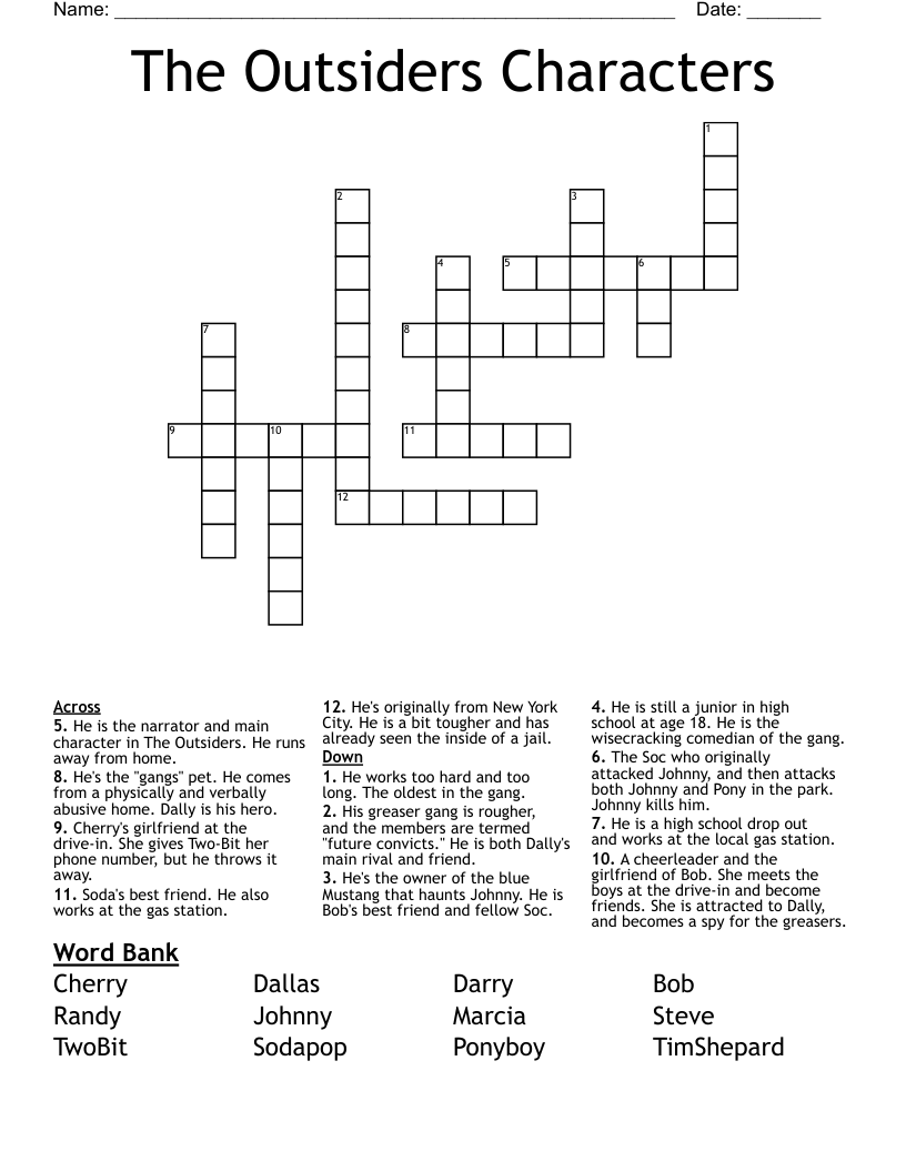The Outsiders Characters Crossword WordMint