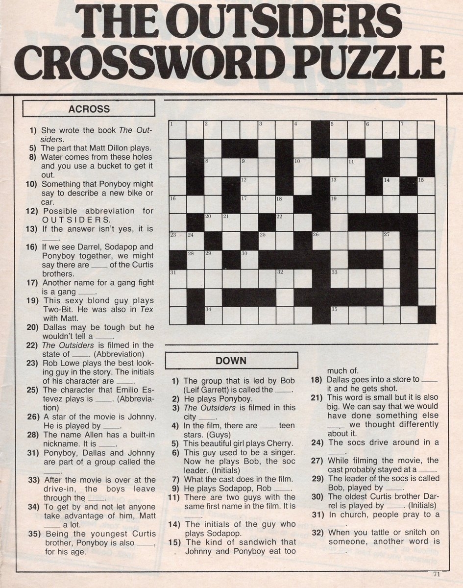 The Outsiders Crossword Puzzle Teen Beat 1983 StayGold