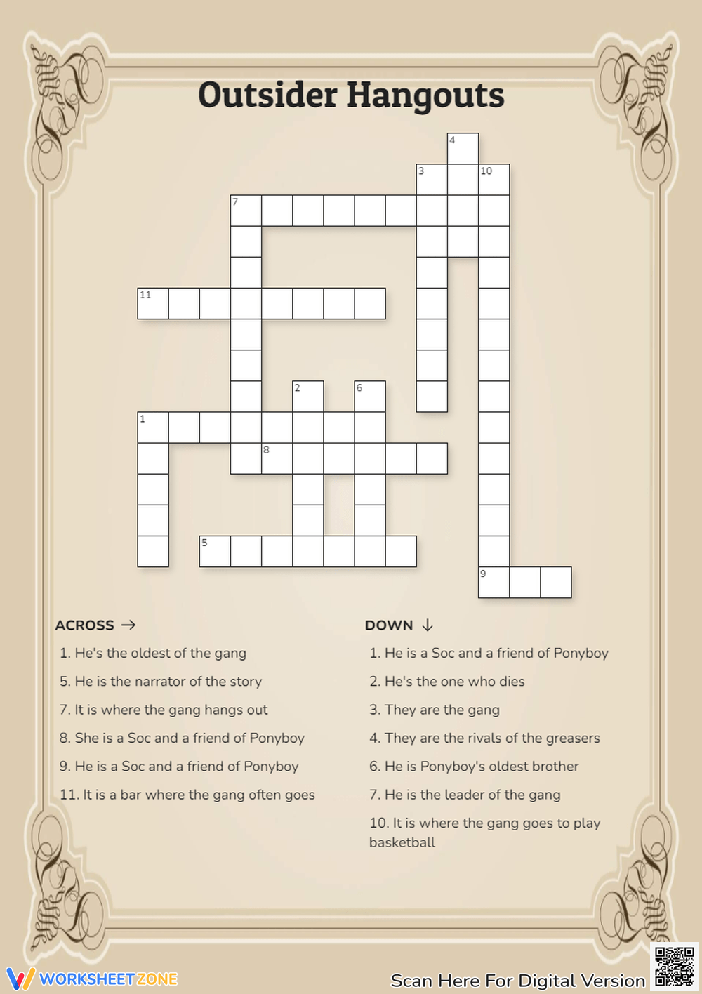 The Outsiders Crossword Puzzle Worksheets