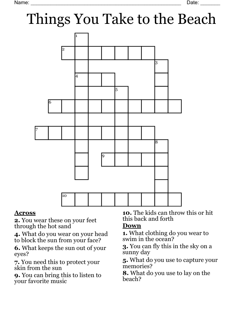 Things You Take To The Beach Crossword WordMint Things You Take To The Beach Crossword WordMint