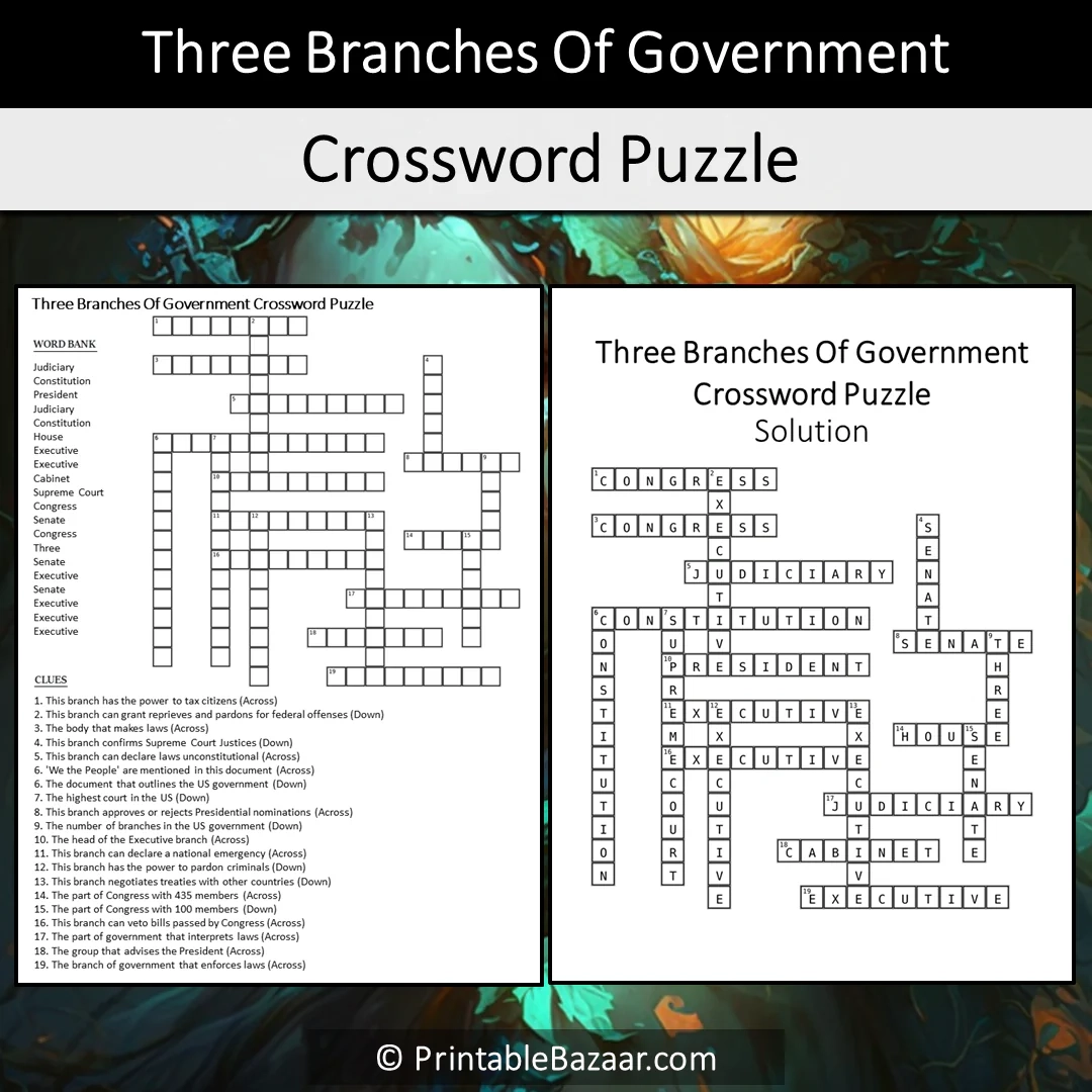 Three Branches Of Government Crossword Puzzle Worksheet Activity Print PrintableBazaar
