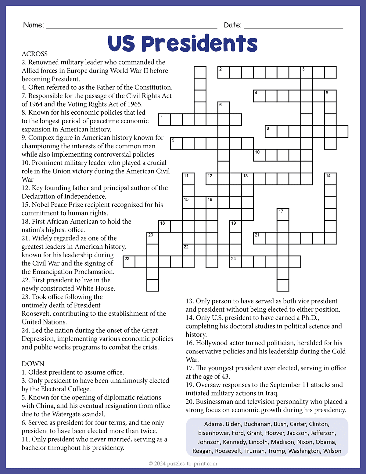 US Presidents Day Crossword