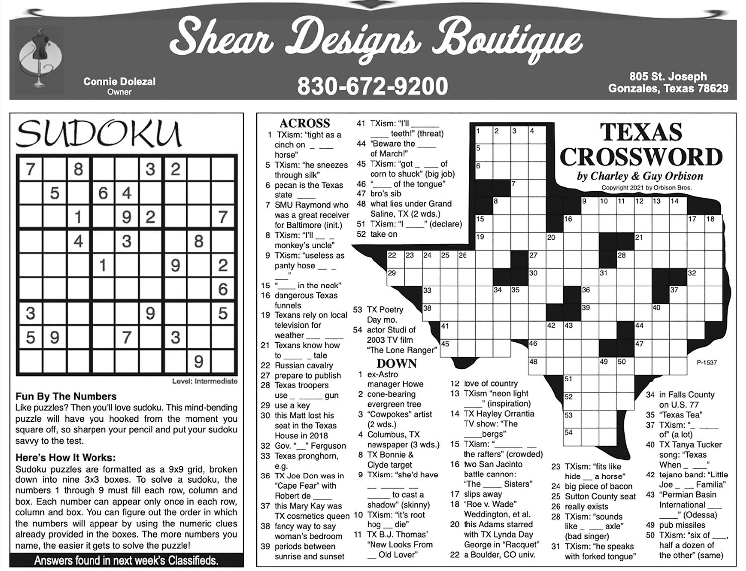 Use Your Mind Here s This Week s Crossword And Sudoku Puzzles From The Inquirer And Shear Designs Boutique The Gonzales Inquirer