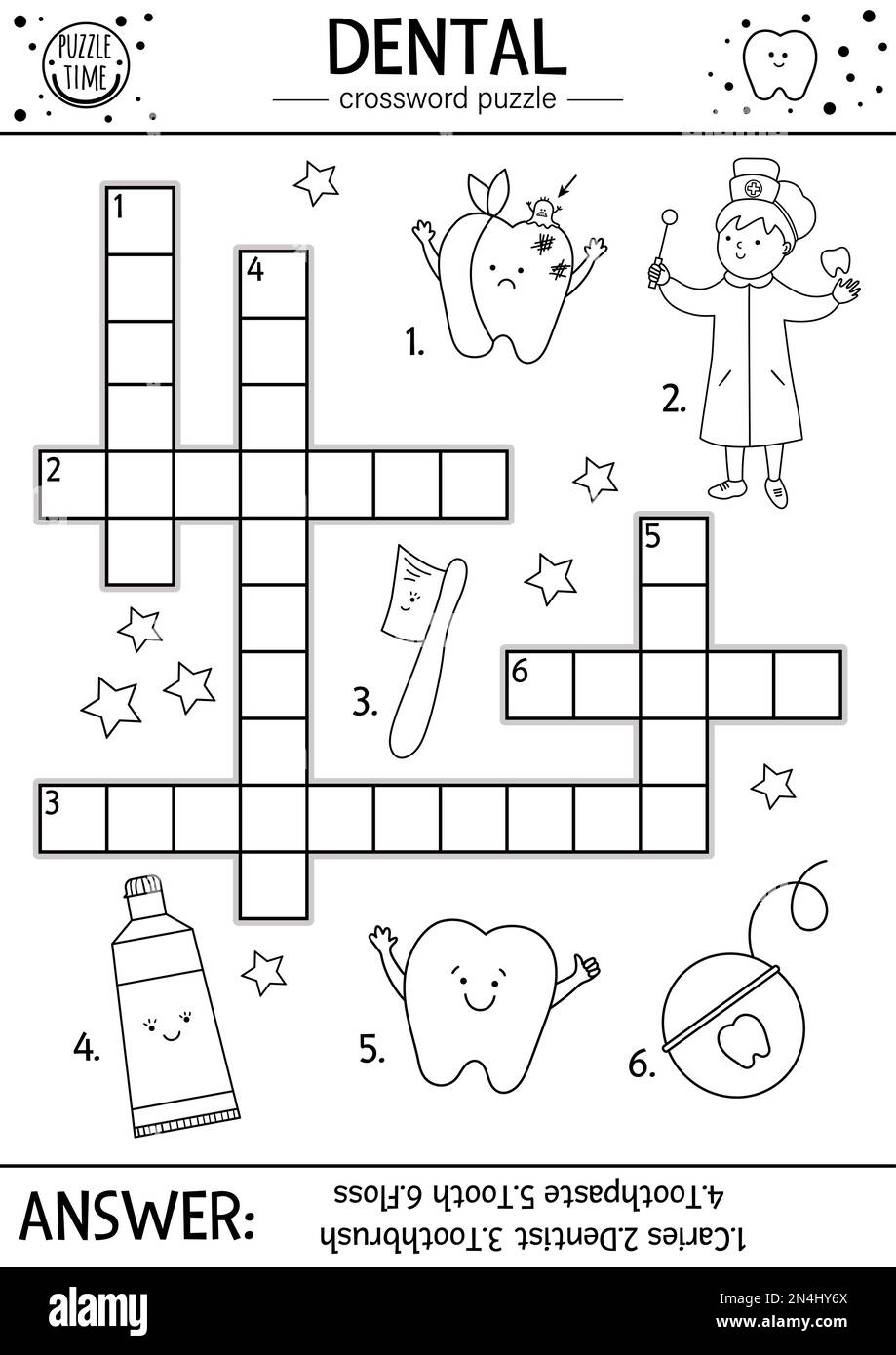 Vector Black And White Dental Care Crossword Puzzle Mouth Hygiene Outline Quiz Or Coloring Page For Children Educational Medical Activity With Cute Stock Vector Image Art Alamy