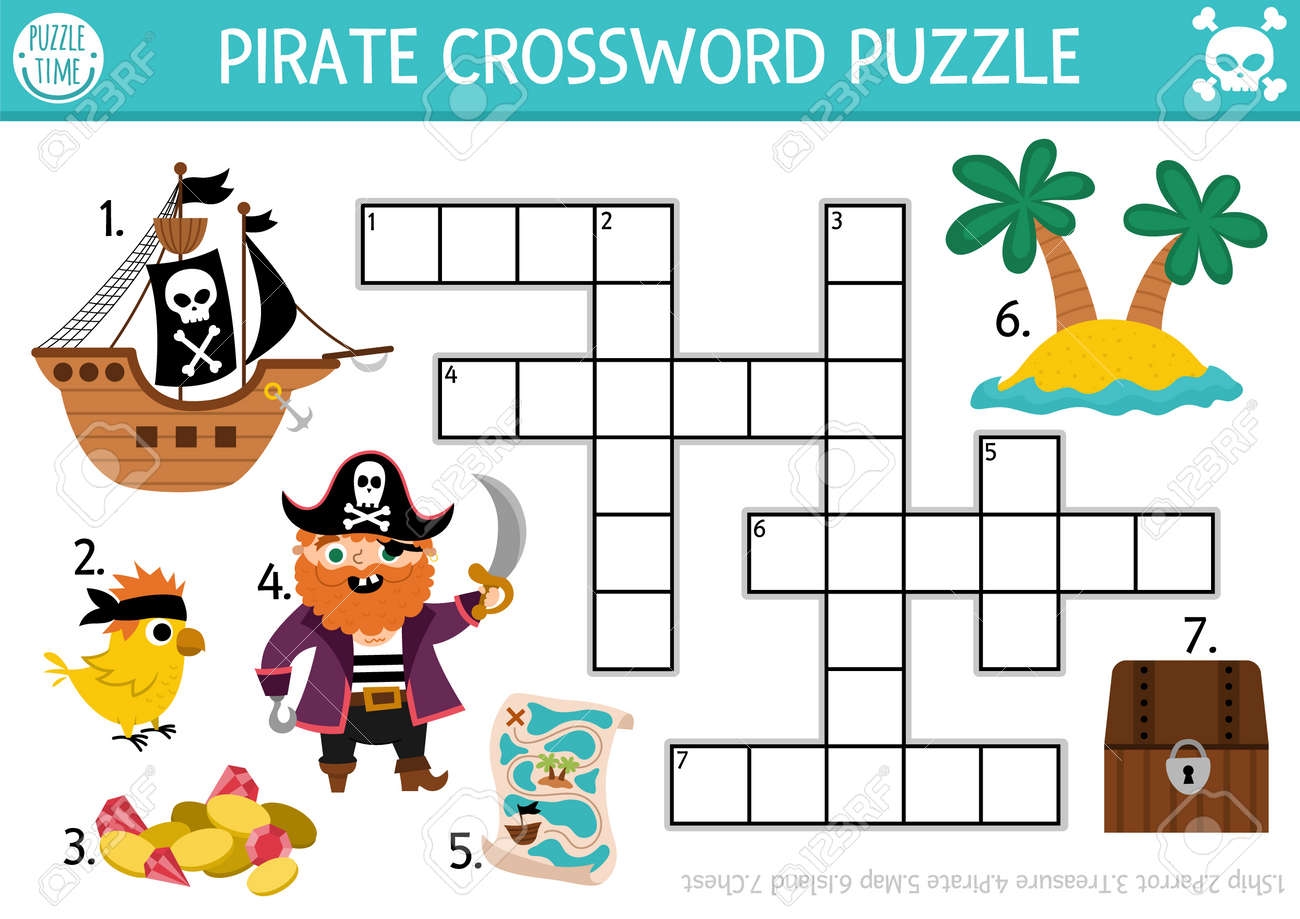 Vector Pirate Crossword Puzzle For Kids Simple Treasure Island Quiz For Children Educational Activity With Ship Parrot Map Chest Cute Sea Adventure Cross Word Or English Language Riddle Royalty Free SVG Cliparts 
