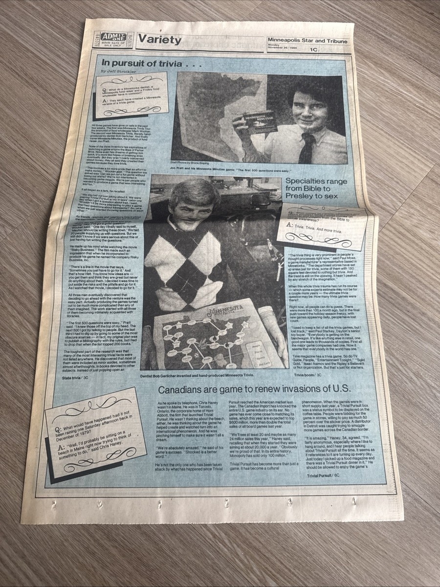 Vintage 1984 Minneapolis Star Tribune Newspaper Trivia Board Game Article