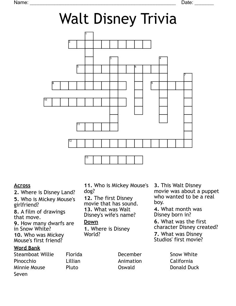 Walt Disney Trivia Crossword WordMint