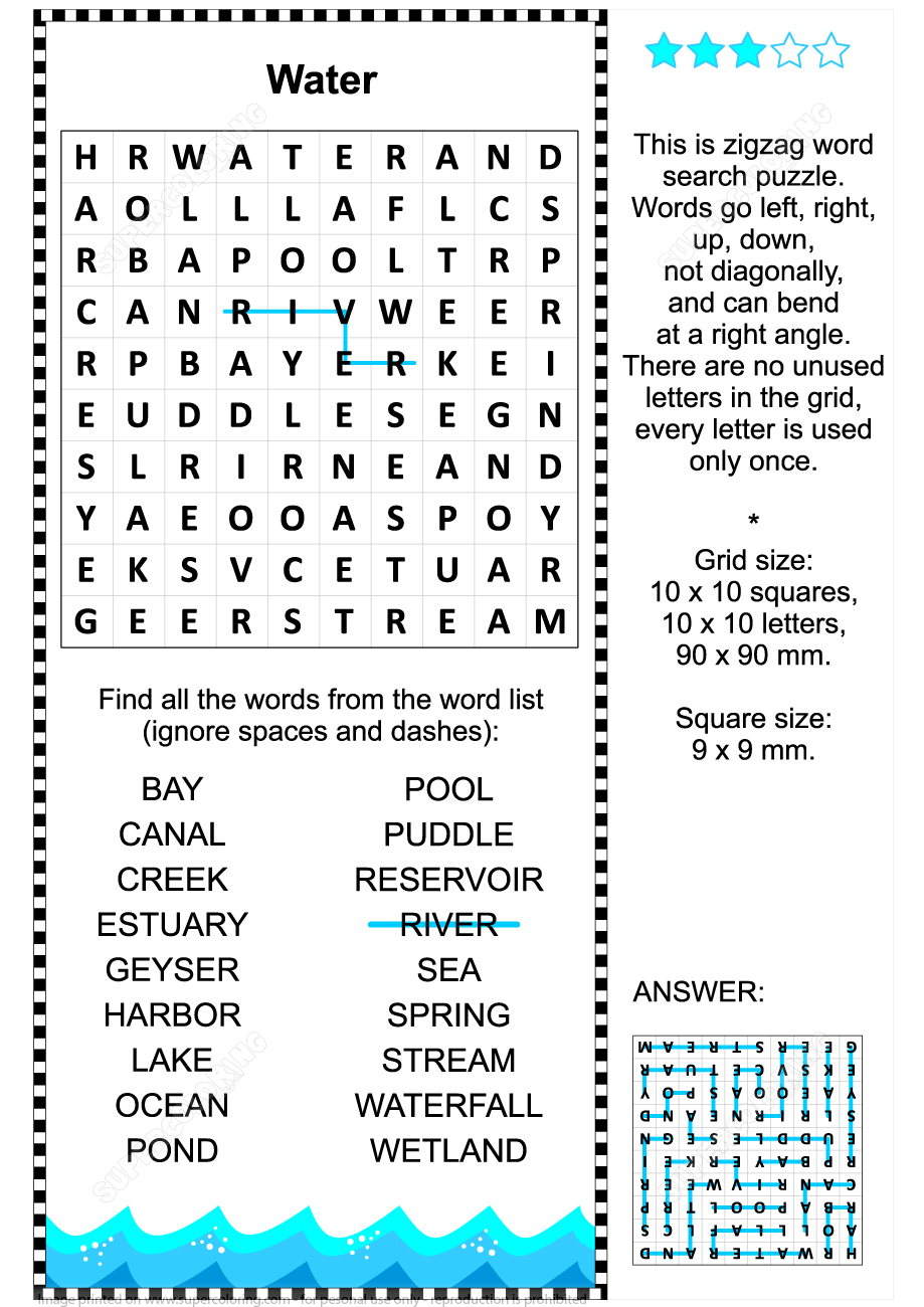 Water Themes Zigzag Word Search Puzzle For Children And Adults Free Printable Worksheets