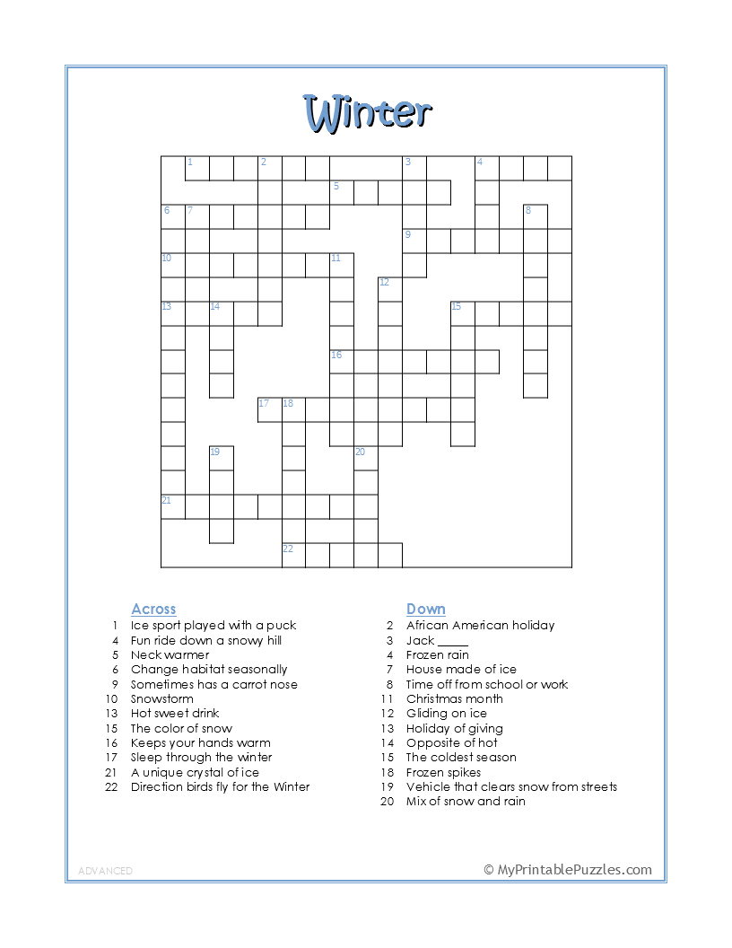 Winter Crossword Puzzle Advanced My Printable Puzzles Winter Crossword Puzzle Advanced My Printable Puzzles
