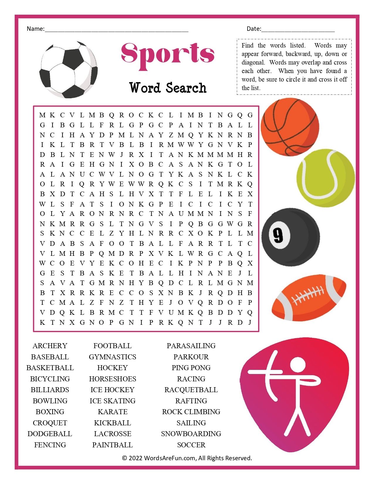 Word Search For Kids Sports Word Search For Kids Sports