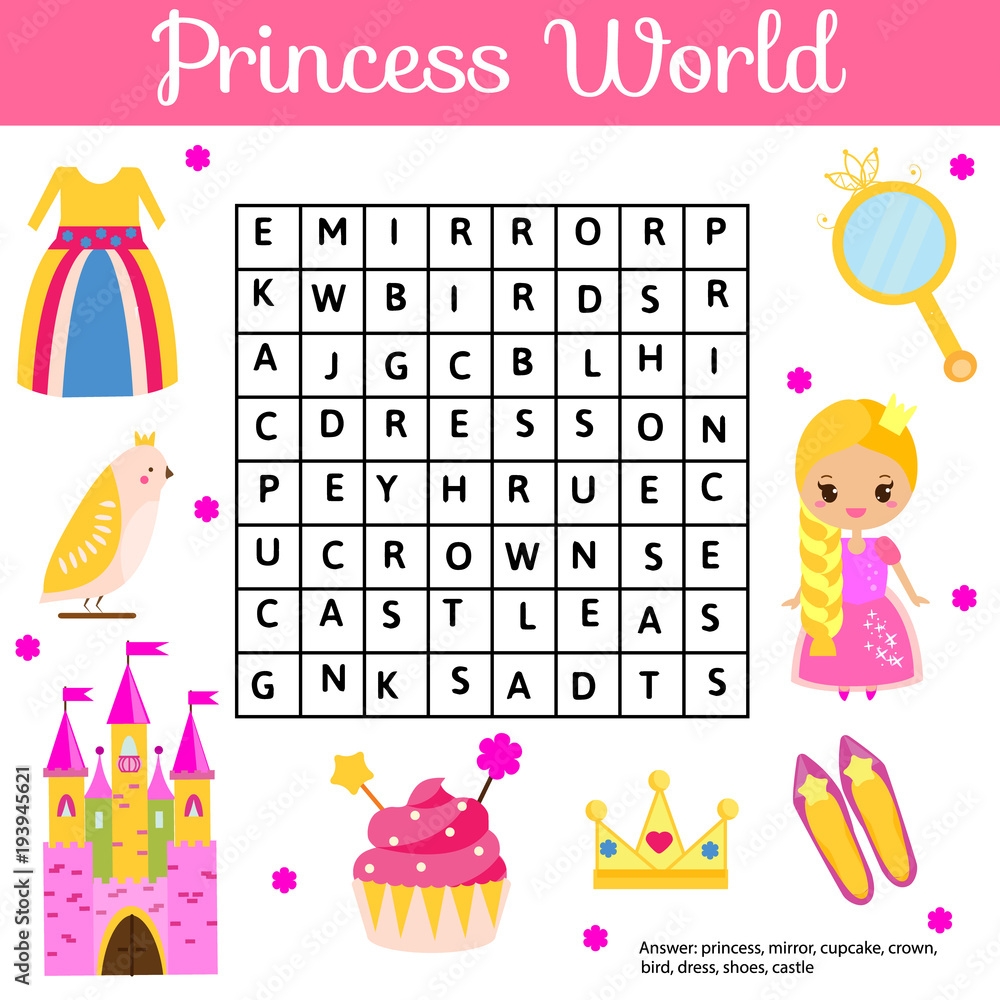 Word Search Puzzle Kids Activity Educational Children Game For Girls Learning Vocabulary Princess World Stock Vector Adobe Stock