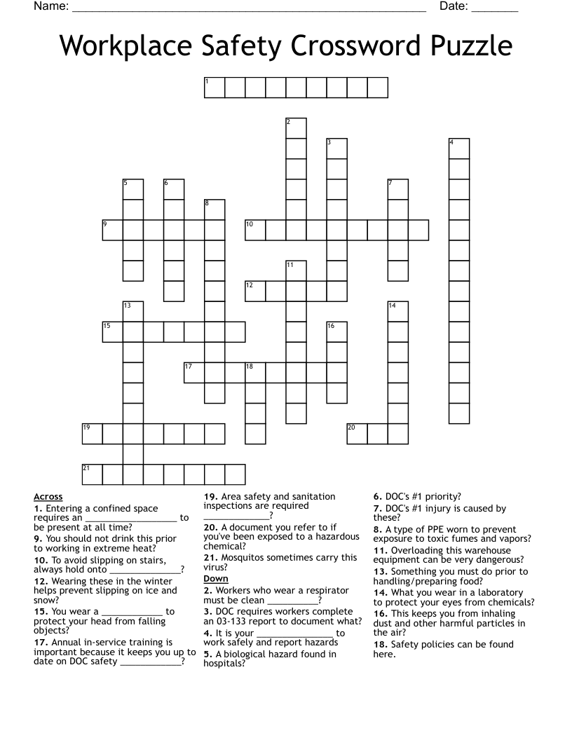 Workplace Safety Crossword Puzzle WordMint