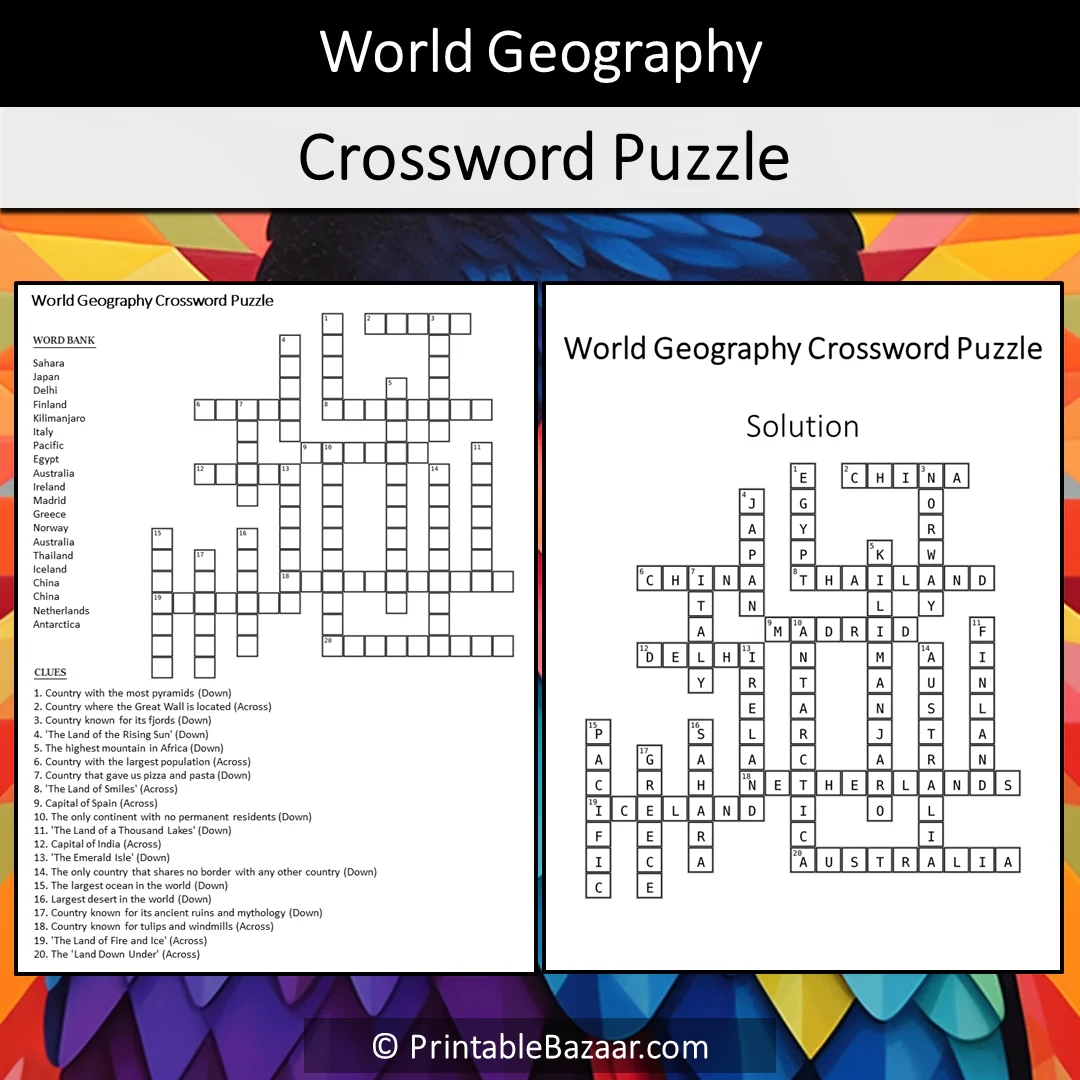 World Geography Crossword Puzzle Worksheet Activity Printable PDF PrintableBazaar