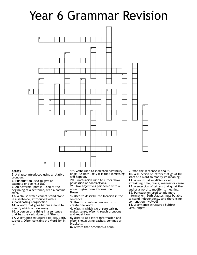 Year 6 Grammar Revision Crossword WordMint